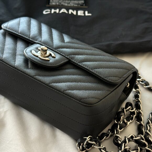 Chanel Black Caviar Chevron Quilted Rectangular Mini Flap Bag Silver - Picture 4 of 16
